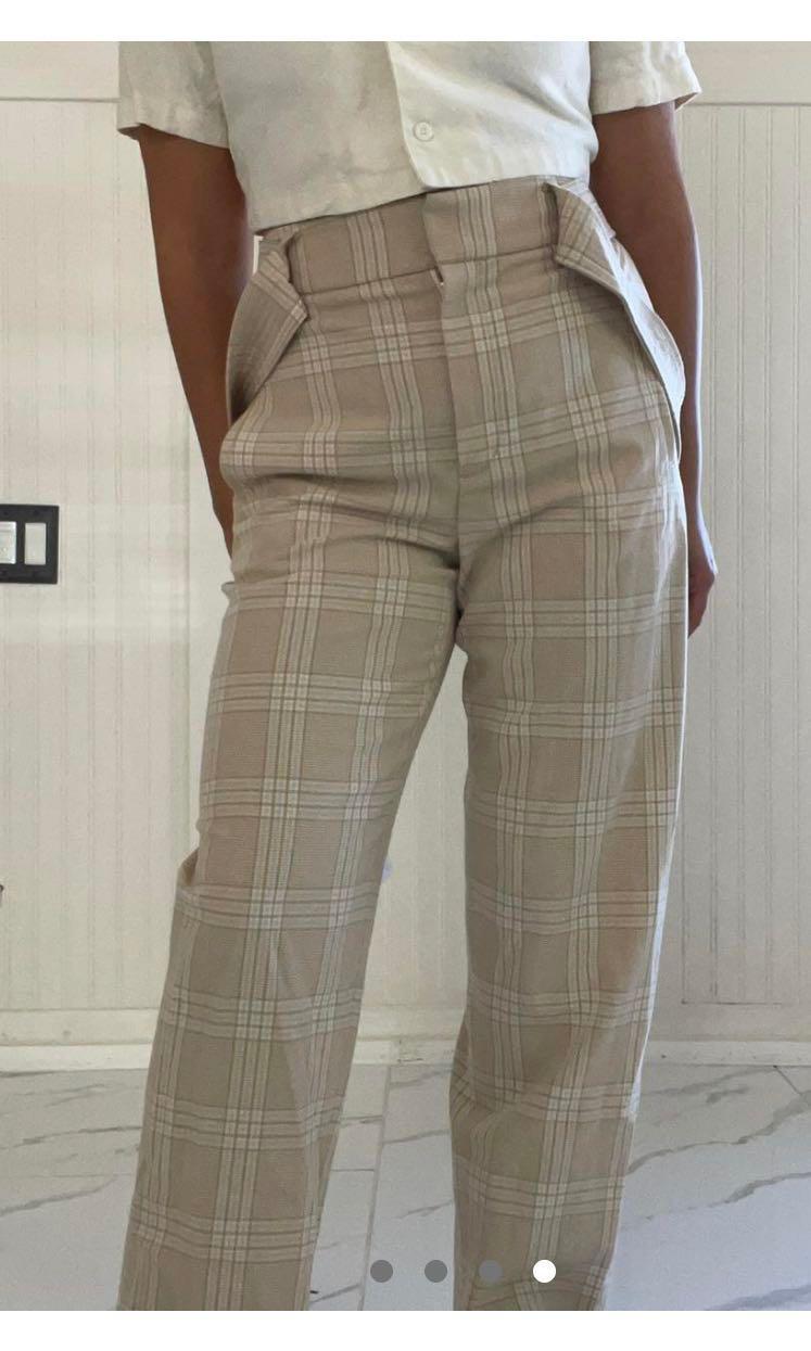 Aritzia Tie Front Pants in Neutral Plaid Women s Fashion Bottoms