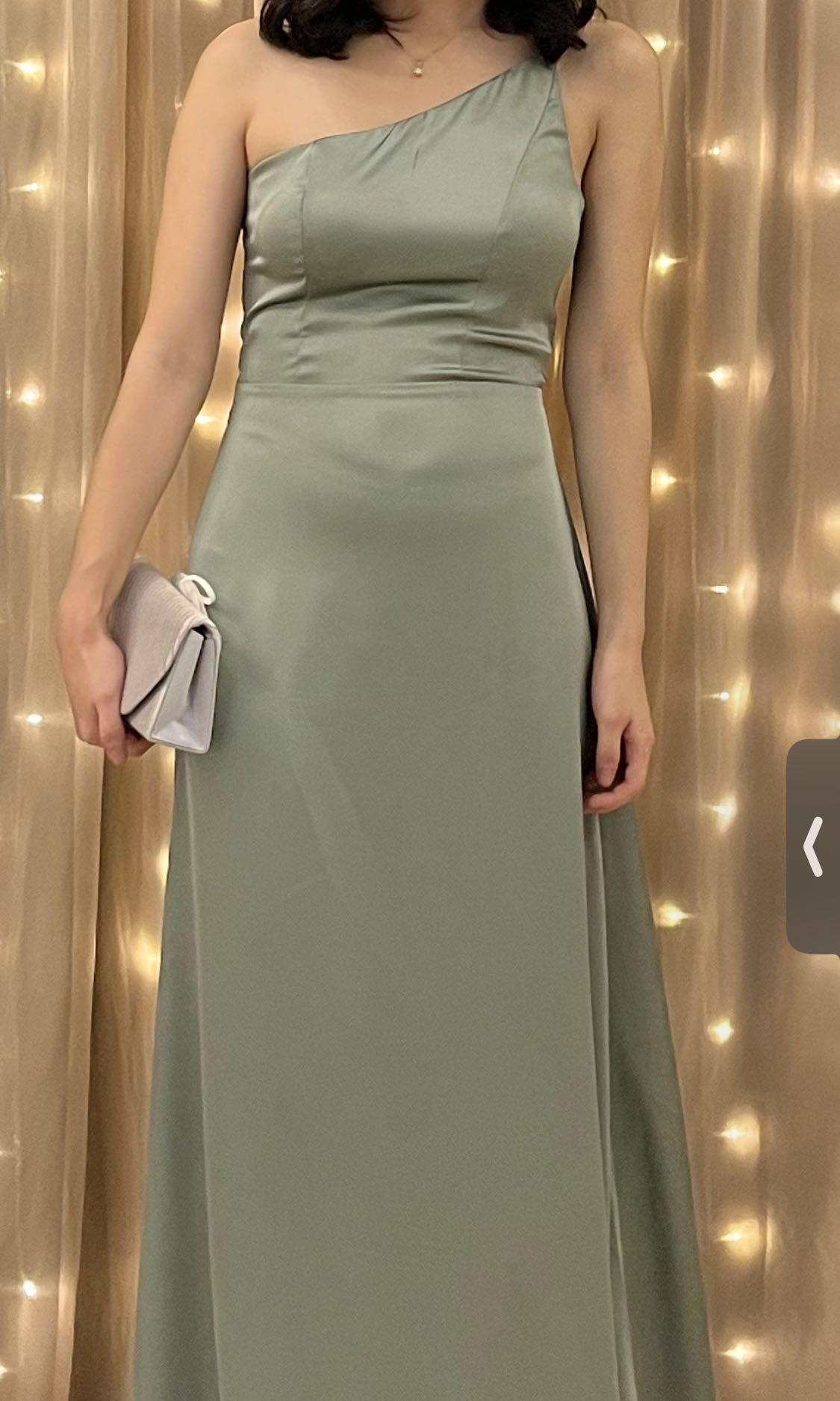Asymmetrical One Shoulder Sage Green Silk Gown Dress, Women's Fashion