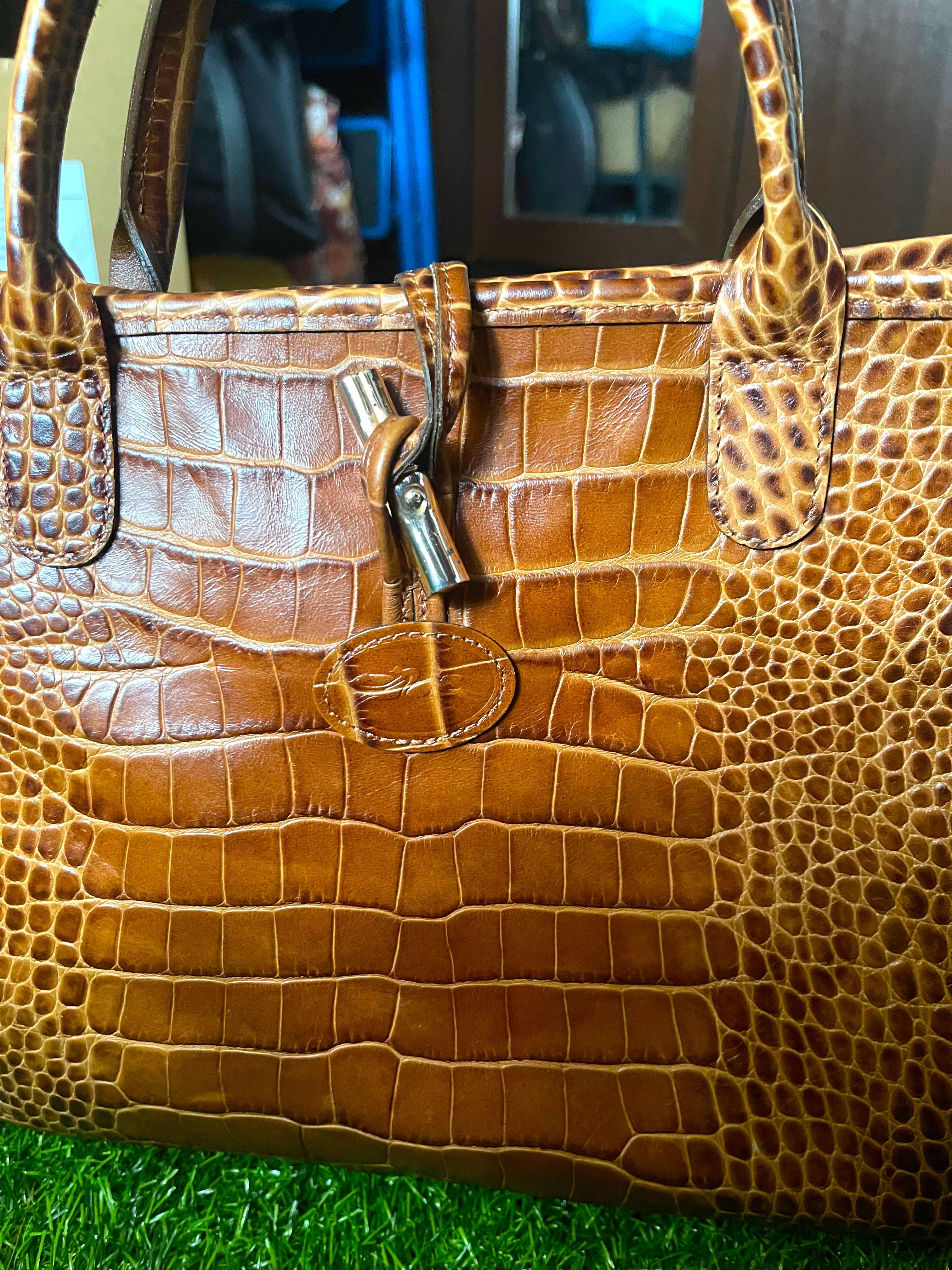 Longchamp Roseau Crocodile Embossed Leather Tote in Orange
