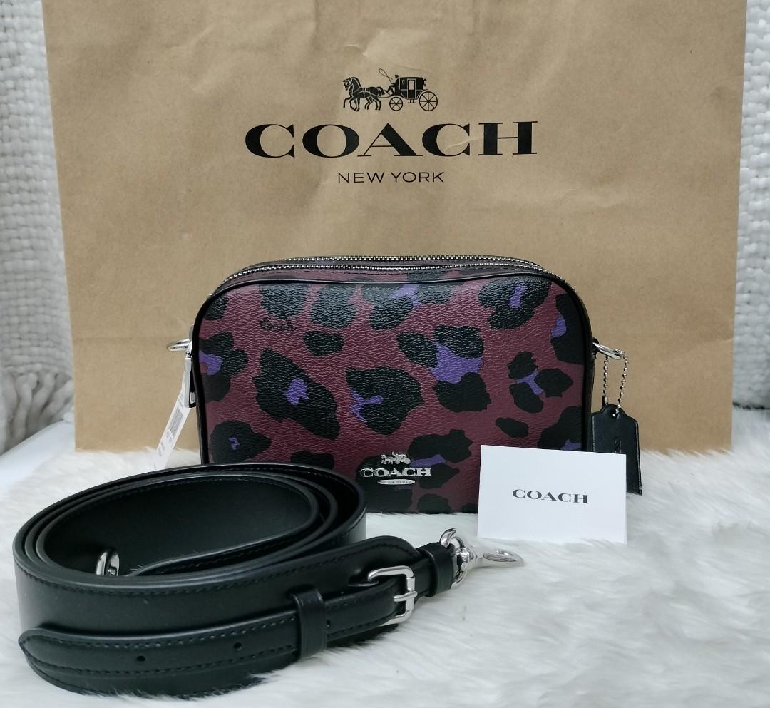 Coach Jes Leopard Print Leather Crossbody 20 Shoulder Bag Burgundy