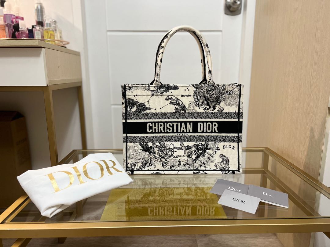 CHRISTIAN DIOR Book Zodiac Embroidery Canvas Tote Bag Latte