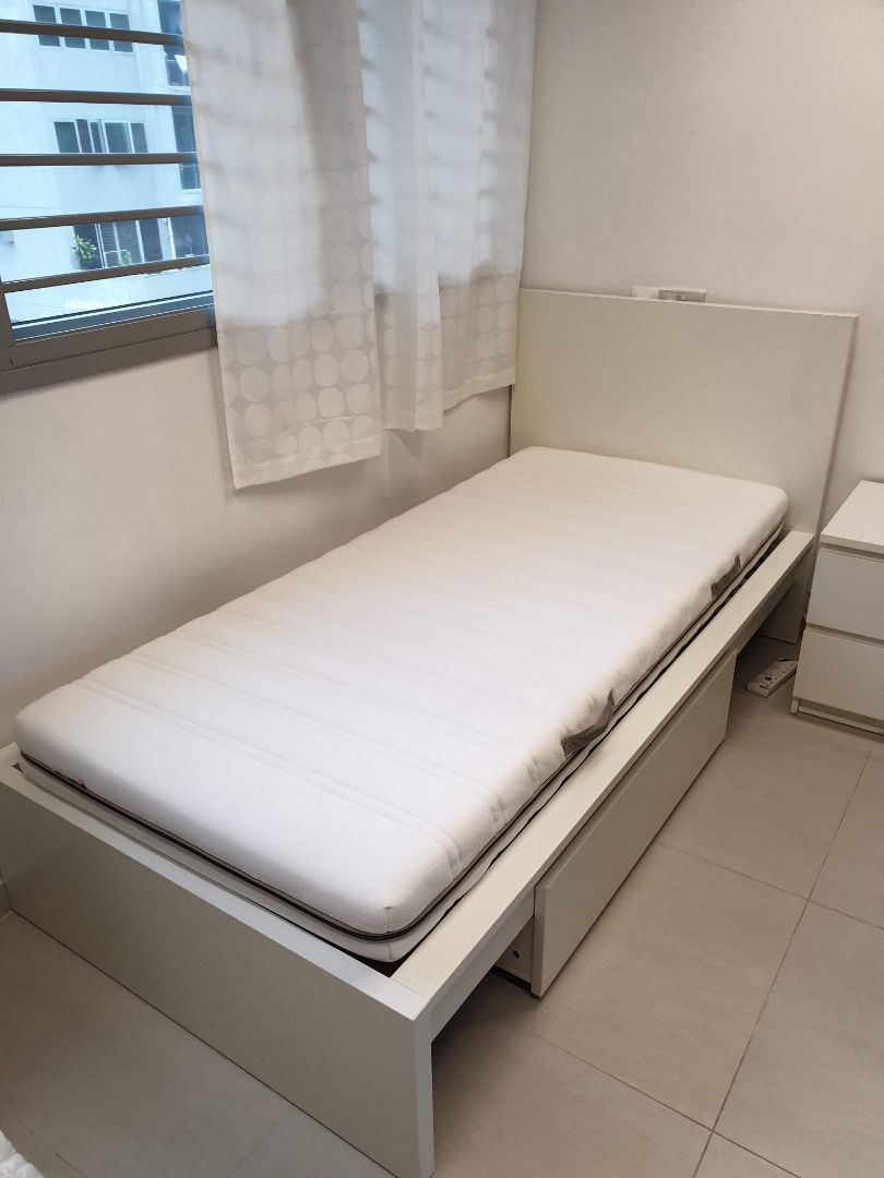IKEA MALM Single Bed Frame+drawer (WHITE), Furniture & Home Living