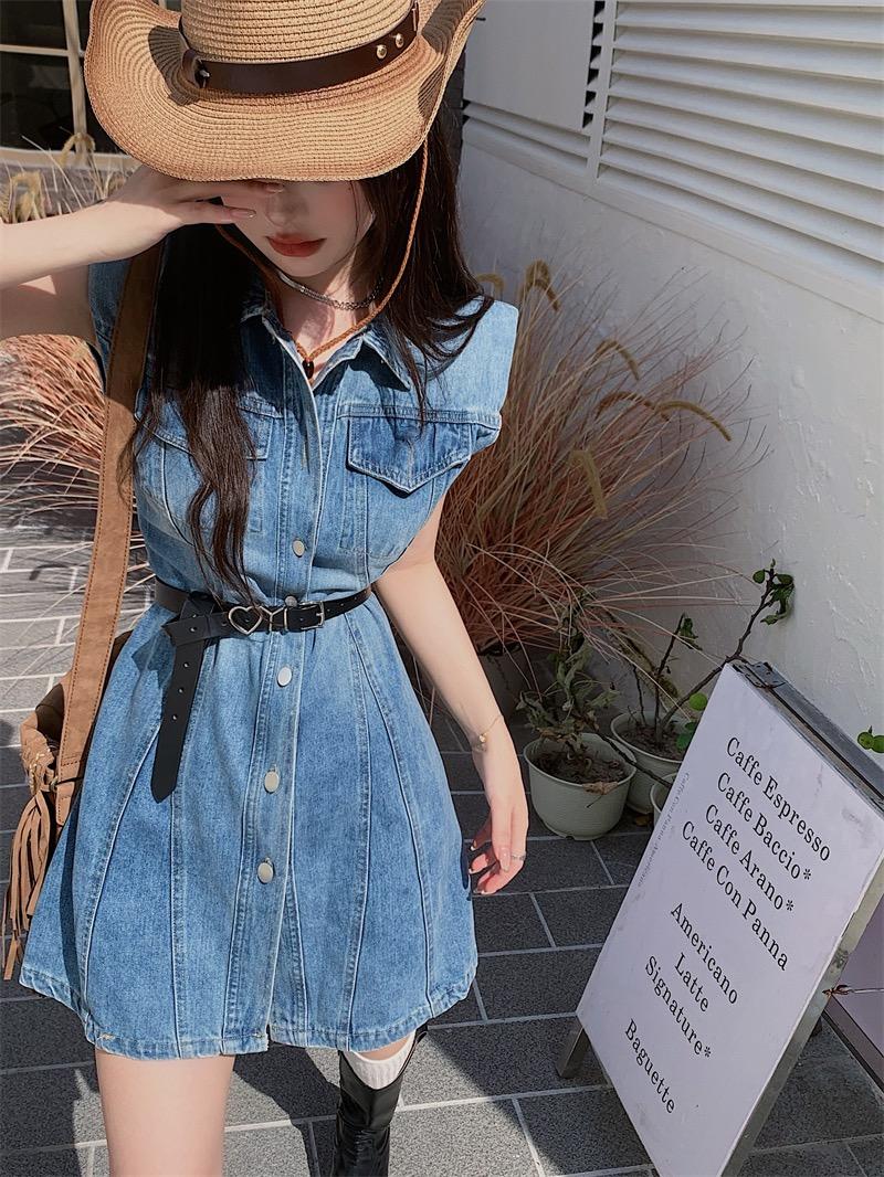 white christmas dresses Korean Style] Long Sleeve Single Breasted Denim Dress w/ Belt – Ordicle main image 1
