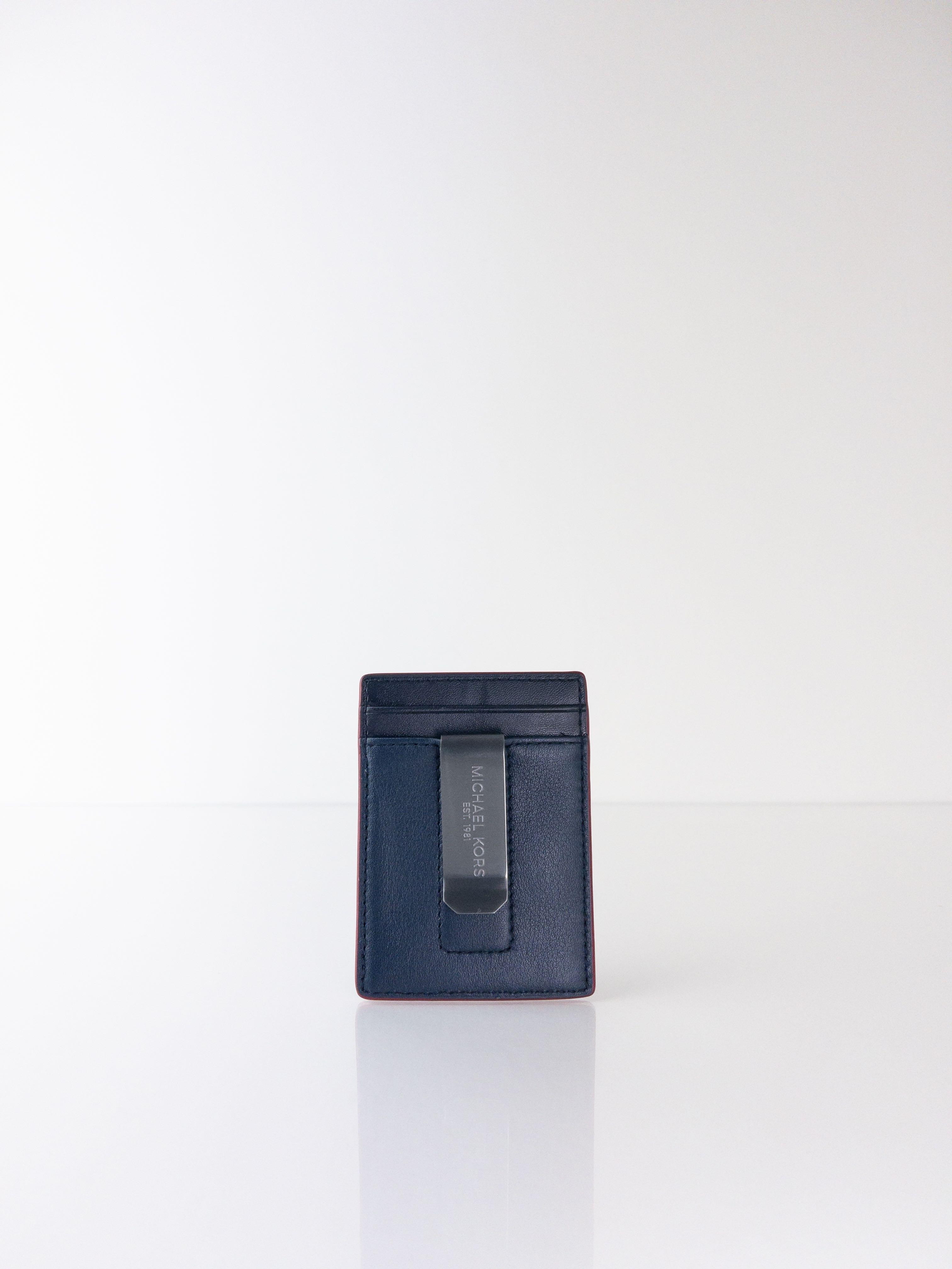 NEW MICHAEL KORS 36H9LGFD1L LEATHER GIFTING MONEY CLIP CARD CASE BOX SET NAVY CRIMSON