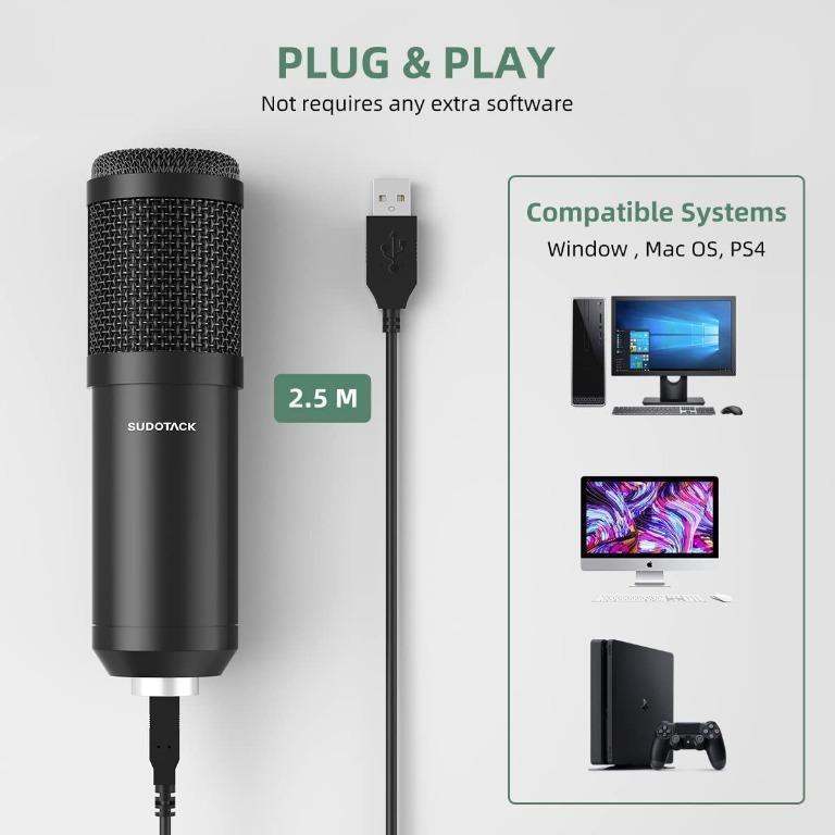 Sudotack USB Streaming Podcast PC Microphone, 192KHz/24Bit Studio Cardioid  Condenser Mic Kit with Sound Card, Boom Arm, Shock Mount, Pop Filter, for