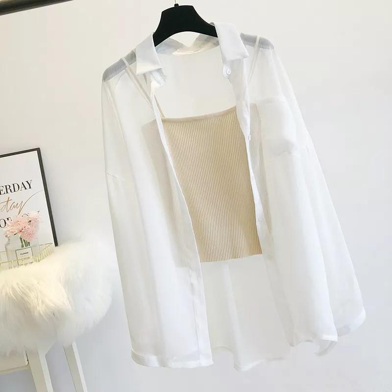 Women Chiffon Summer Polo Collar Long Sleeve White Thin fabric Blouse Beach  Outfit, Women's Fashion, Tops, Blouses on Carousell