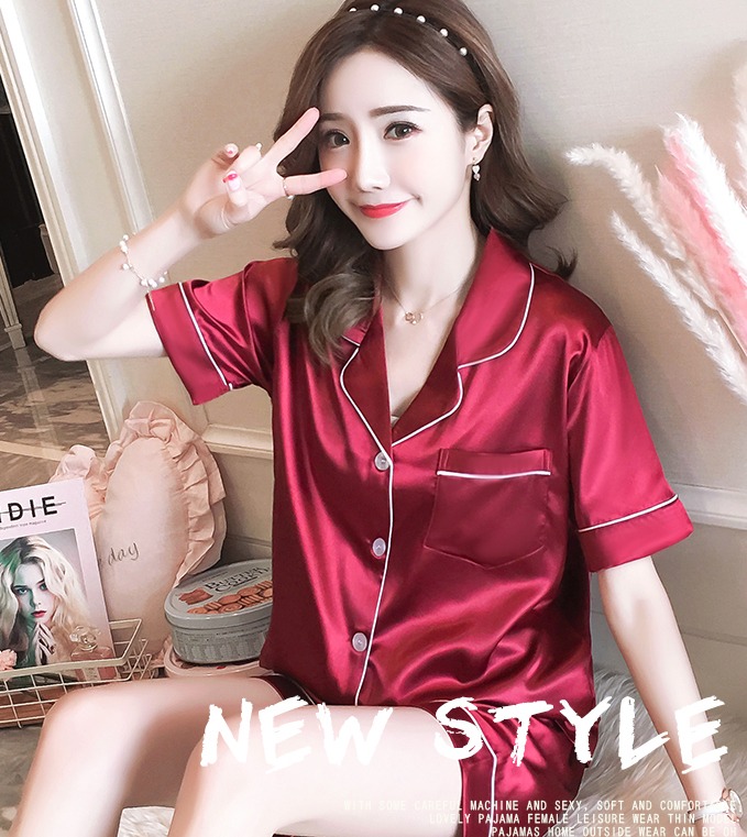 Ice Silk Pajamas Women's Summer Court Style Lace Lapel Short Sleeved  Trousers Set Small Red Book Same Large Home Clothes