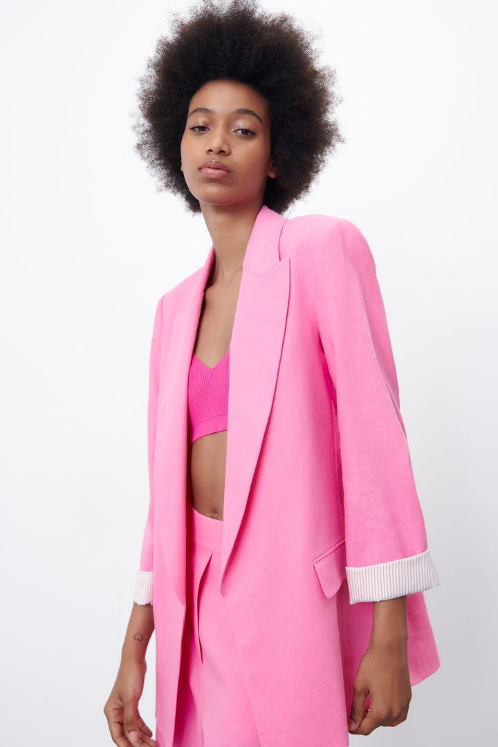 Zara Pink Linen Blazer with Printed Cuff Women s Fashion Coats