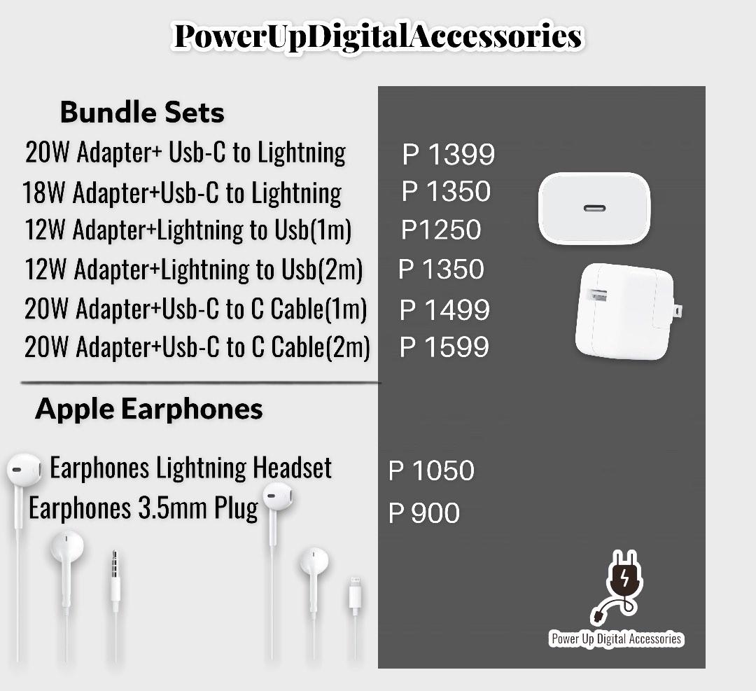 Apple Certified💯Original 20W Adapter 18W Adapter Type C Cable USB C Cord 1m Cable/2m Cable iPhone (Category: Chargers & Cables) located in Quezon City. Submitted by camille96 (Listing ID 1179725303, Image 2). Description: Original Apple Guaranteed ☑️ PRICE LIST Adapter •20 watts adapter-999php •18 watts adapter- 950php •12 watts adapter- 850php Cable •Usb-C to Lightning(Type C Cable)- 850php •1m cable Lightning to Usb- 790php •2m cable Lightning