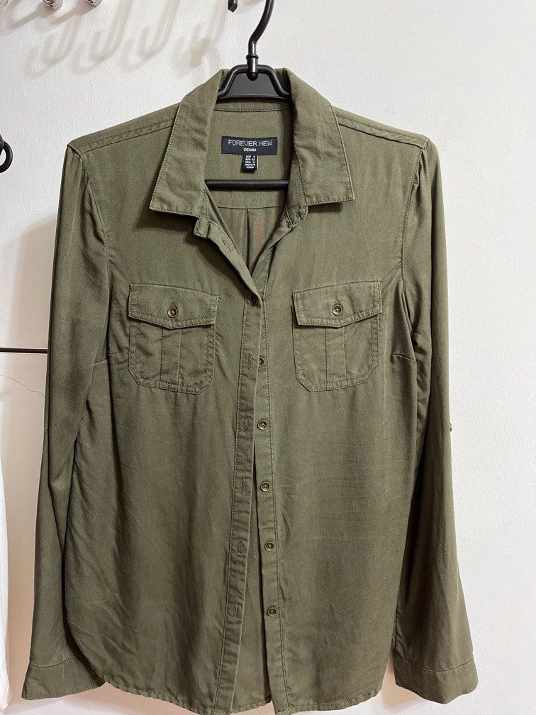 Army Green Shirt, Women's Fashion, Tops, Longsleeves on Carousell