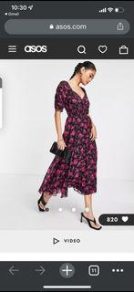ASOS DESIGN Pleated Midi Dress, Black Hot Pink Floral, 8