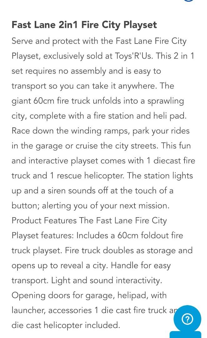 Fast Lane 2in1 Fire City Playset Jumbo Fire Truck PlayStation