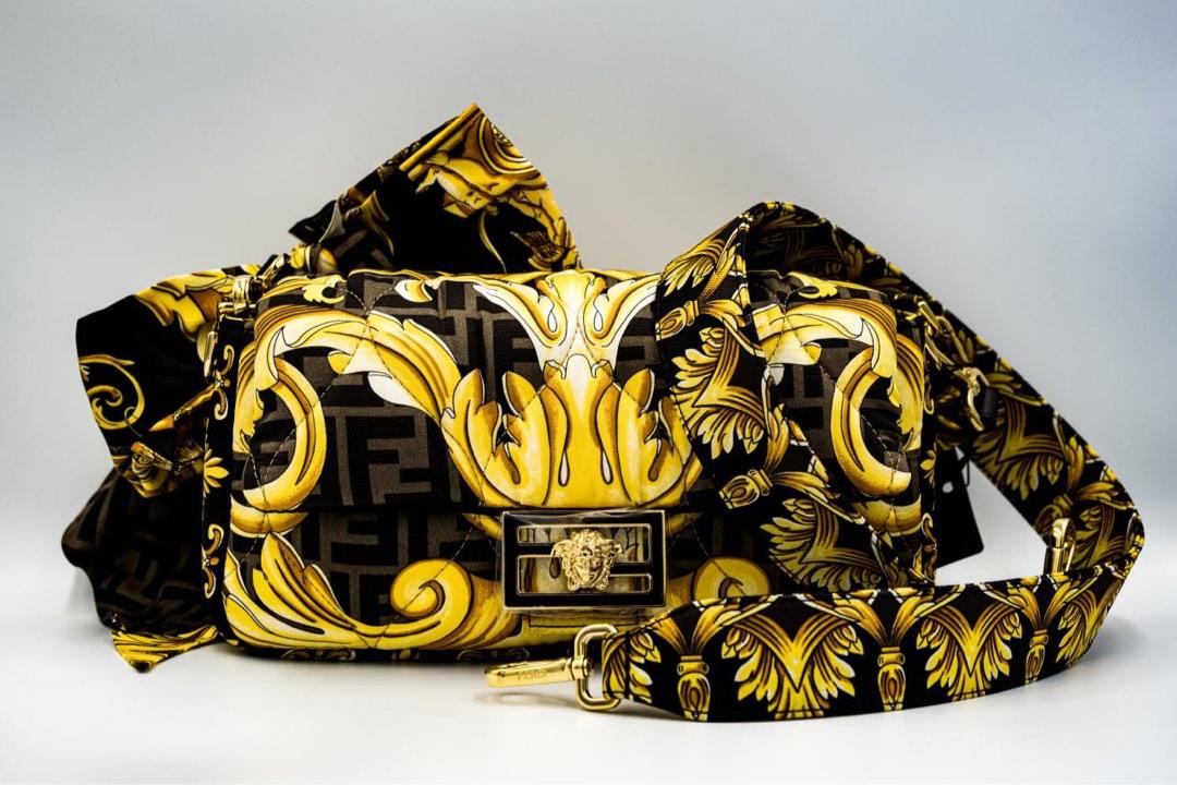 FENDI X VERSACE Silk Fendace FF Baroque Quilted Scarf Baguette White Gold |  FASHIONPHILE