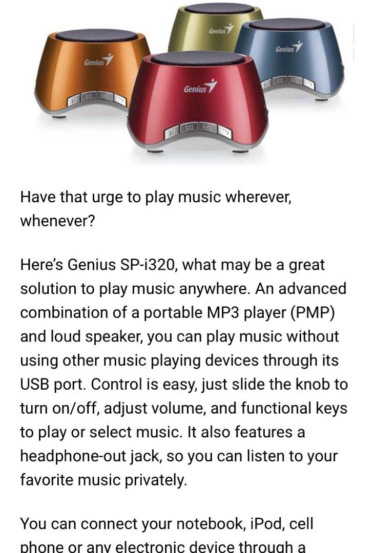 Genius Speaker MP3 player (Category: Soundbars, Speakers & Amplifiers) located in Manila. Submitted by theconstantdeclutterer (Listing ID 1179738077, Image 3). Description: Imported genuine Genius red speaker. Rare speaker and MP3 player rolled into one. Plays on laptop too. Not Bluetooth. Portable and cute, includes cable and pouch. Get this now! #geniusspeaker #mp3 #genius.