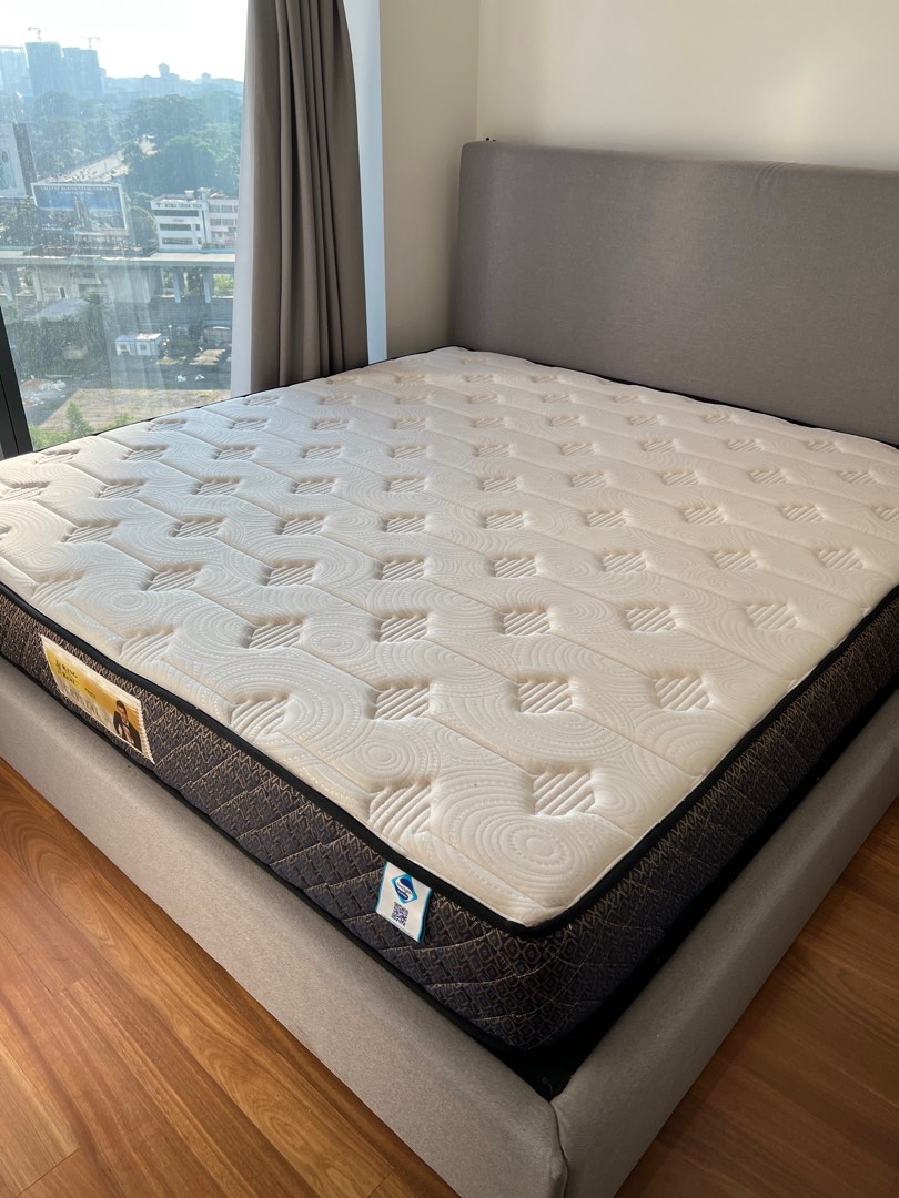 King Koil King size bed + custom made sewn cusion and wood bed frame