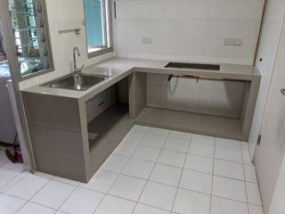 Kitchen Cabinet Renovation: Construction and replacement and repair of cement concrete mortar/tiles countertop/sink support/tabletop for Kitchen/Toilet/Sink and erection of cement concrete kitchen wall.