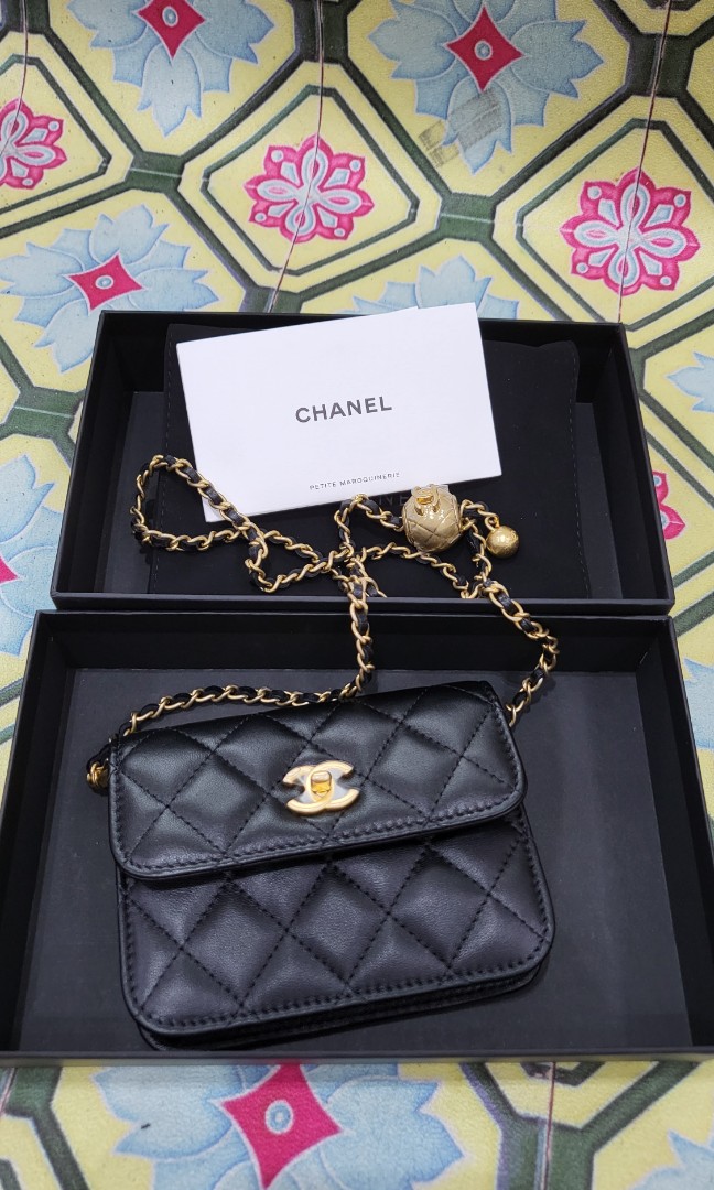 CHANEL Classic Black Lambskin Pearl Crush Card Holder Belt Bag New #33