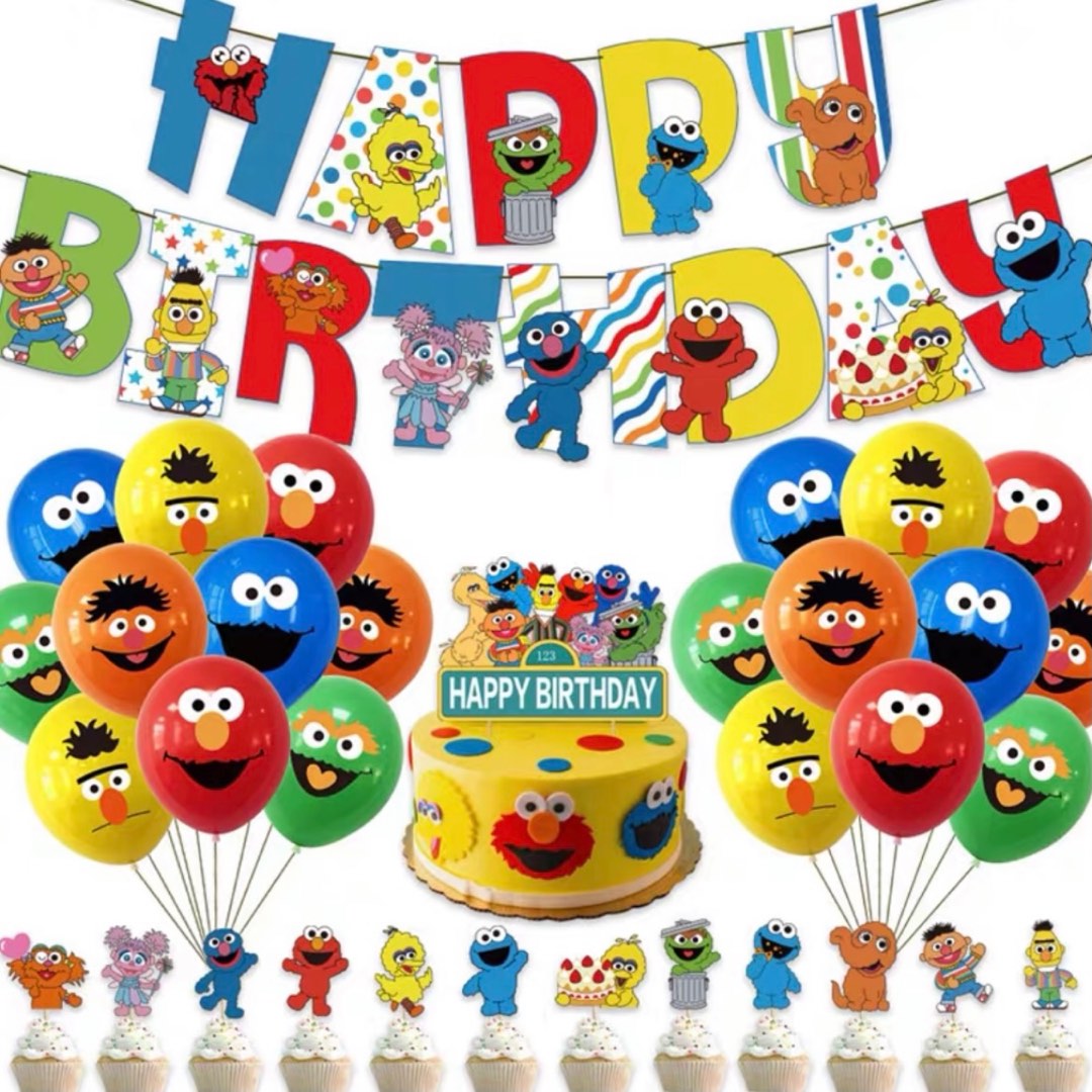 Party Backdrop Sesame Street Cookie Monster Bigbird Elmo Happy Birthday ...