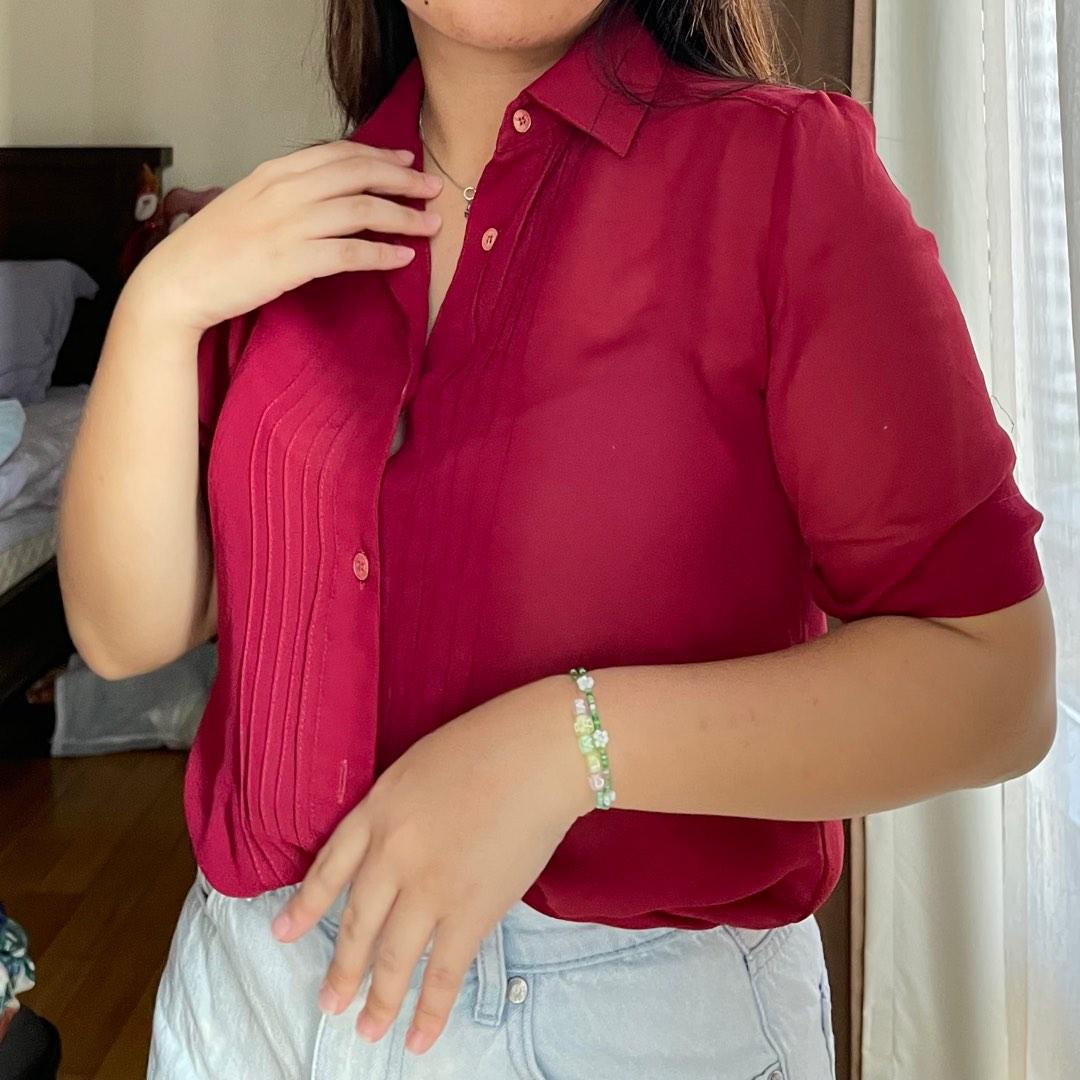 Red Translucent Button Up (Category: Blouses) located in Ampang. Submitted by dwarfa (Listing ID 1179717902, Image 1). Description: Gorgeous piece for your brunch dates or even work fits! Very versatile plus it’s like this pretty maroon red colour so it can go with all types of bottoms too 🥹 tagged S size but it can fit up to a small M too! I unfortunately don’t wear it as much as I’d like to but hoping it’ll go to someone who will!!.