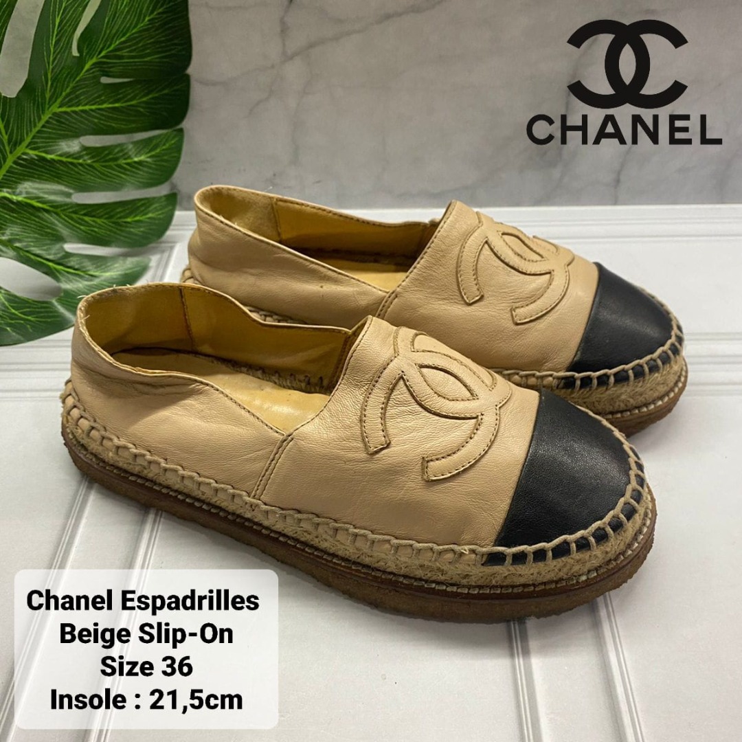 Sepatu Chanel Espadrilles Beige Slip On Leather Size 36