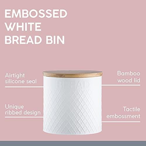 Typhoon Embossed White Bread Bin with Bamboo Lid, Furniture & Home