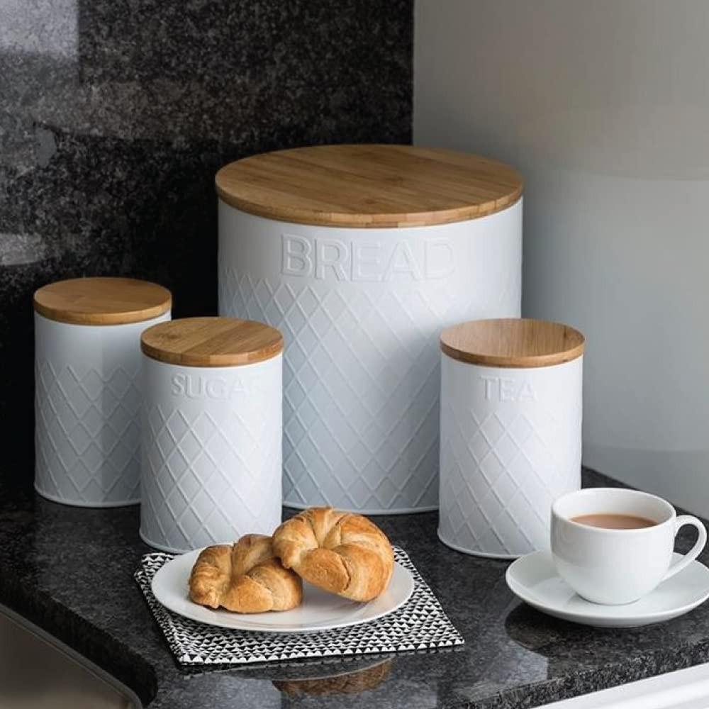 Typhoon Embossed White Bread Bin with Bamboo Lid, Furniture & Home