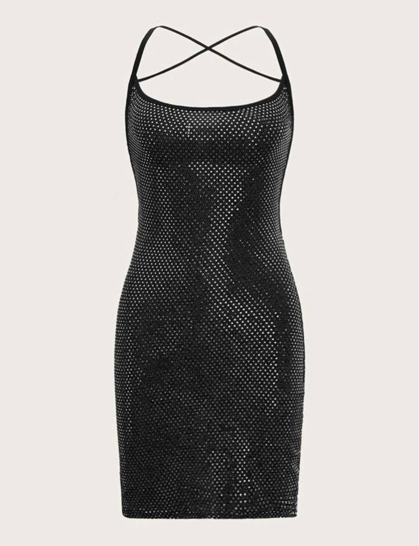 Y2k Shein Black Backless Lace Up Sequin Bodycon Mini Dress Womens Fashion Dresses And Sets 