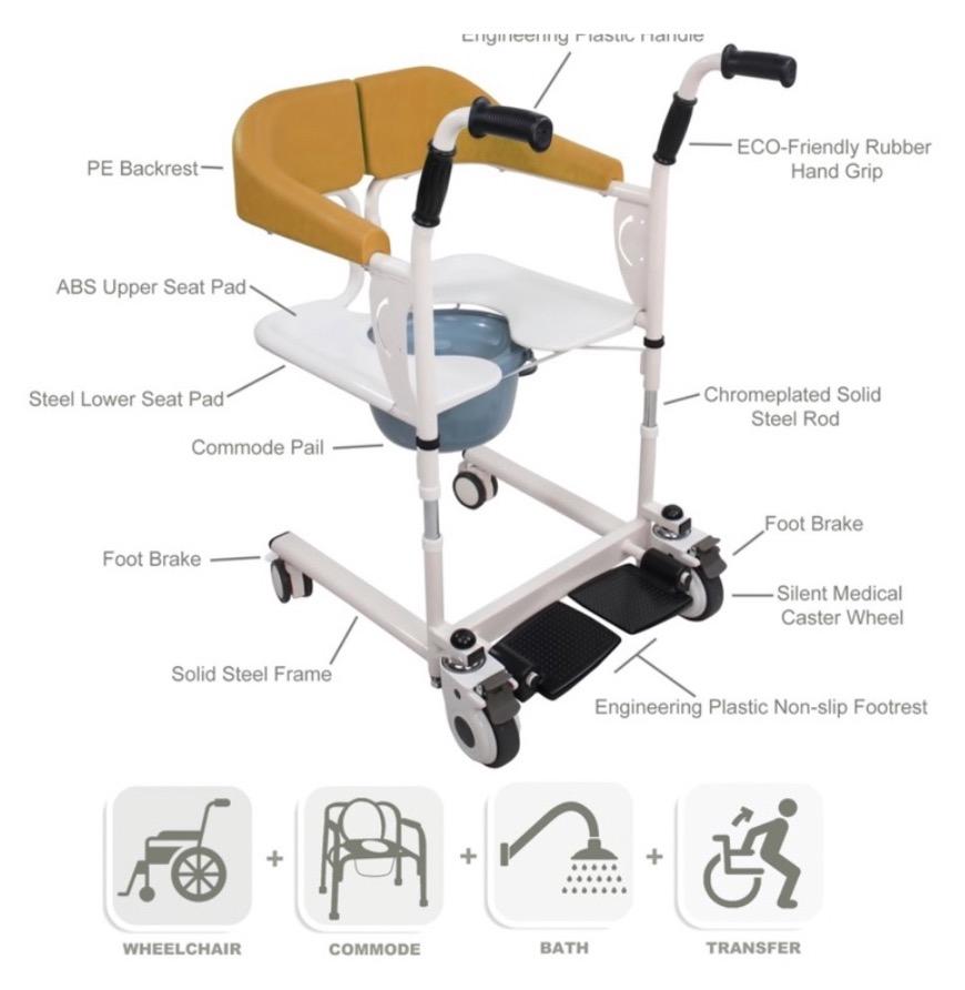 4-in-1 Transfer Commode Wheelchair with Toilet Adjustable Bath Chair ...