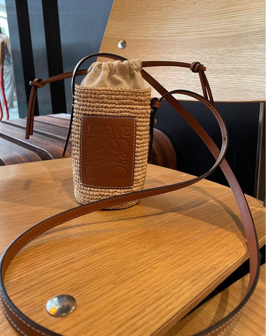 Loewe Paula's Ibiza Leather-trimmed Woven Raffia And Hemp Bucket Bag -  Brown