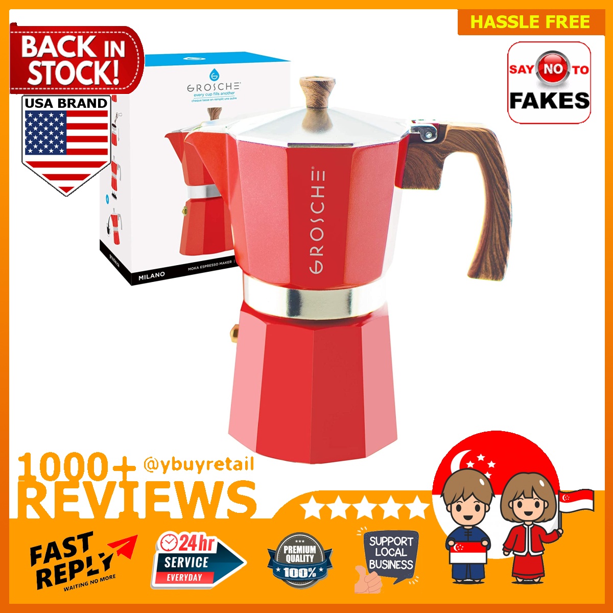 [BML] GROSCHE Milano Stovetop Espresso Maker Moka Pot 3 6 9 Cup, Red