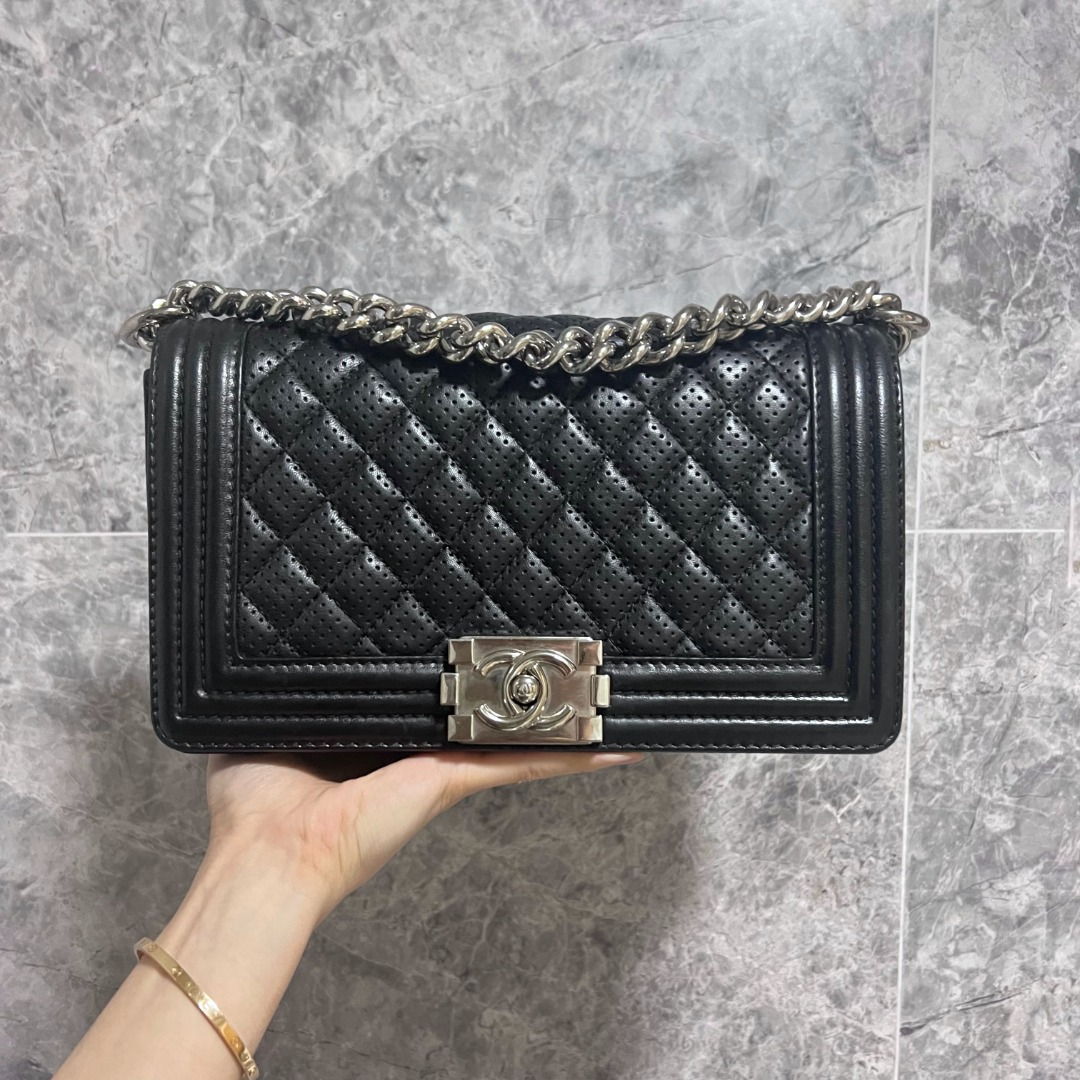 SOLD] [Full Set] Chanel Boy Black Caviar in Shiny Gold hardware Chevron  Quilting in Old Medium, Luxury, Bags & Wallets on Carousell