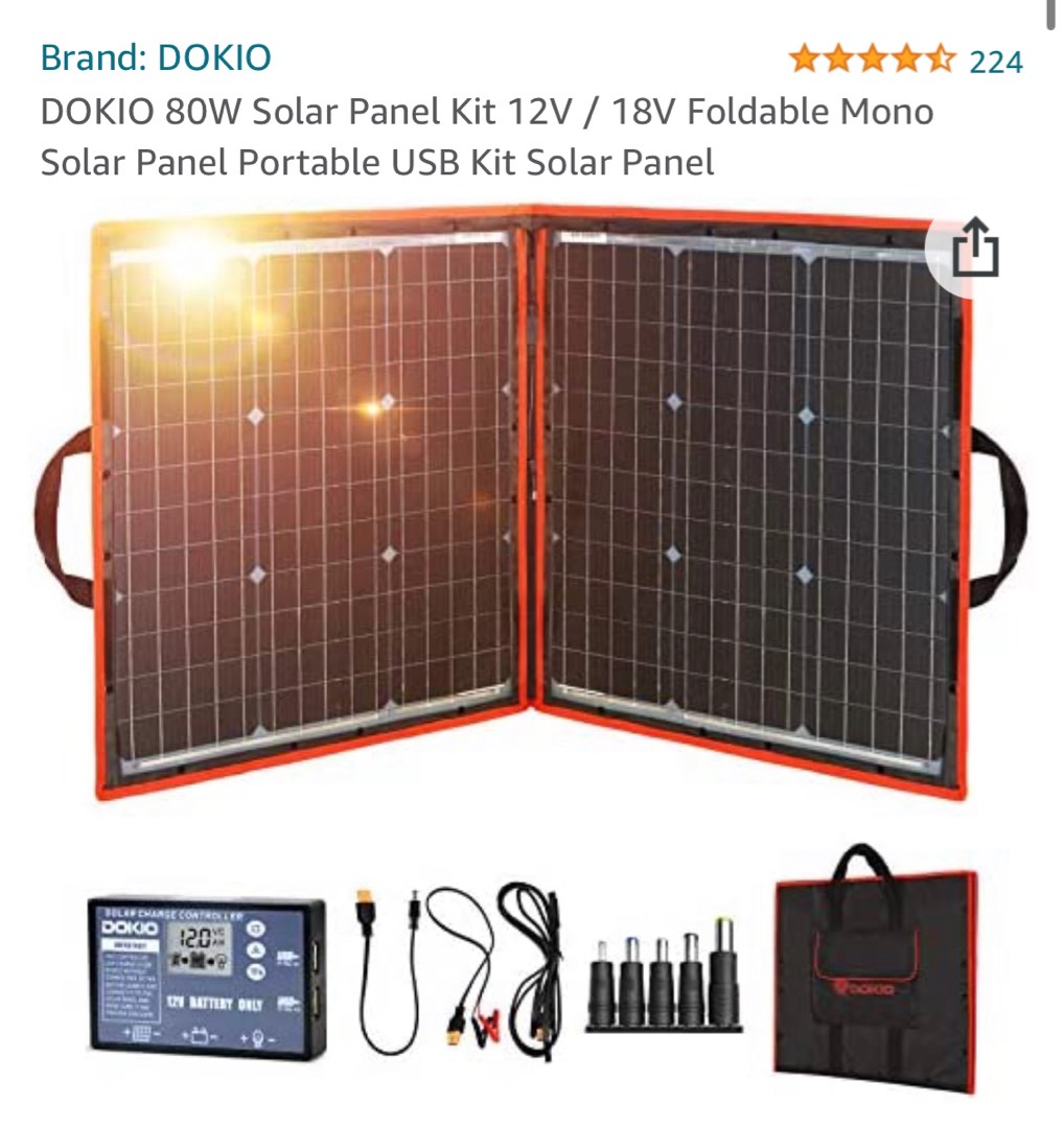 DOKIO 4.3 out of 5 stars224 Reviews DOKIO 80W Solar Panel Kit 12V  18V  Foldable Mono Solar Panel Portable USB Kit Solar Panel, Furniture & Home  Living, Home Improvement & Organisation,