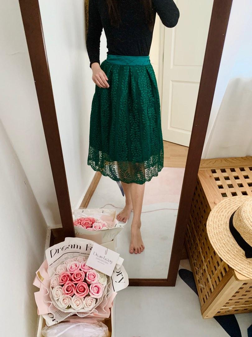 Green lace midi skirt online