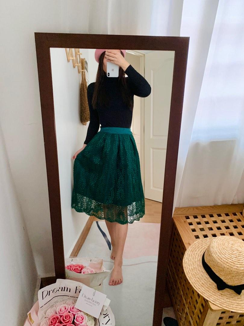 Green Lace Midi Skirt