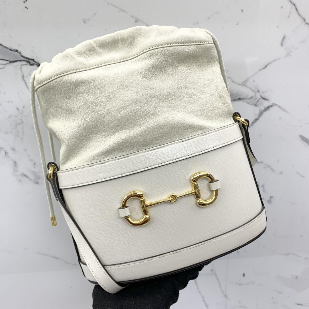 GUCCI 602118 WHITE LEATHER HORSEBIT DRAWSTRING BAG 227021074