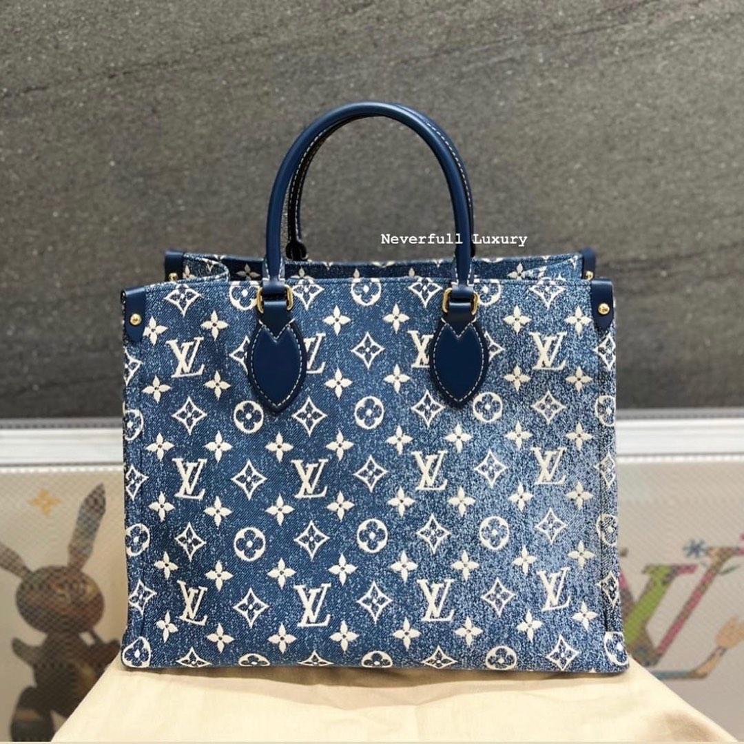 Louis Vuitton OnTheGo MM Handbag Navy Blue Denim jacquard Textile