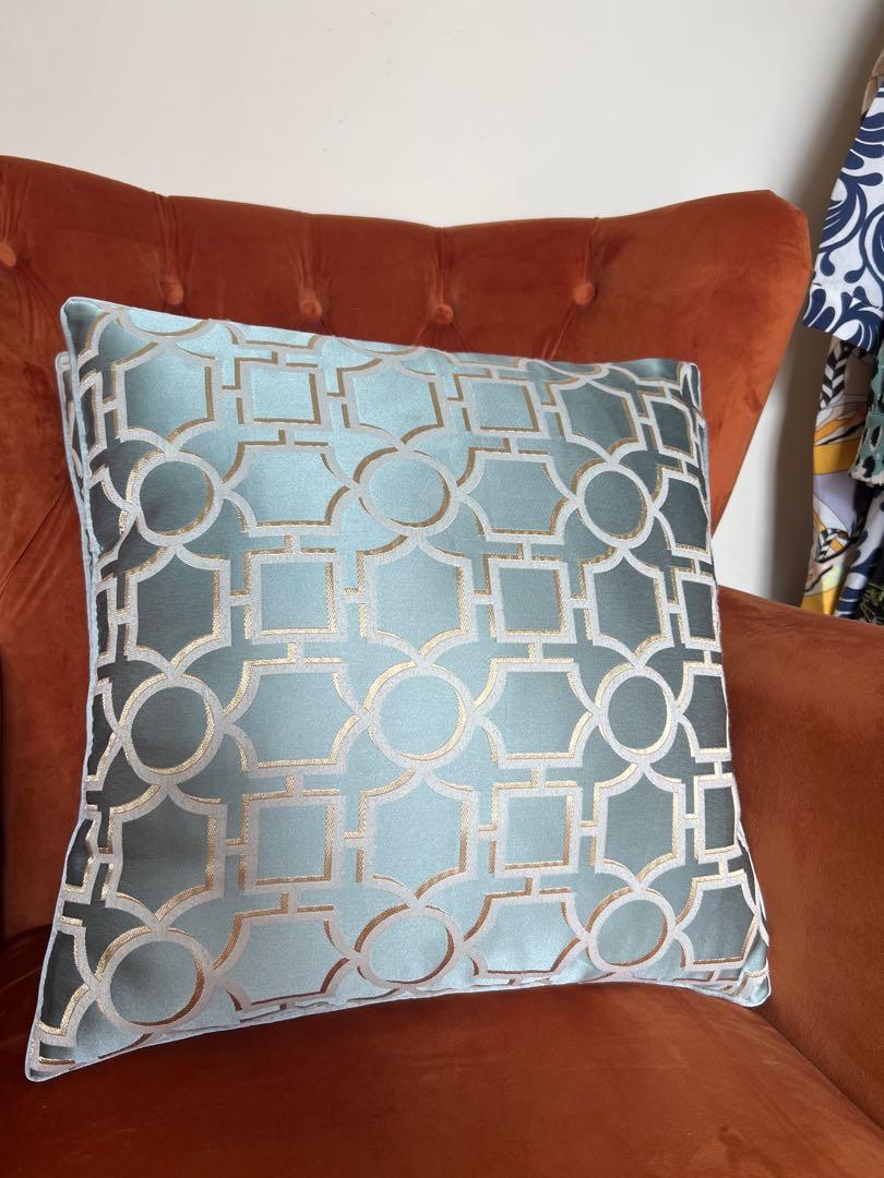 Luxury Oriental Light Blue x Gold Satin Feel Cushions Furniture