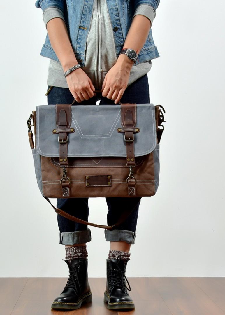 Men waterproof canvas briefcase bag brown grey 15 inch laptop bag