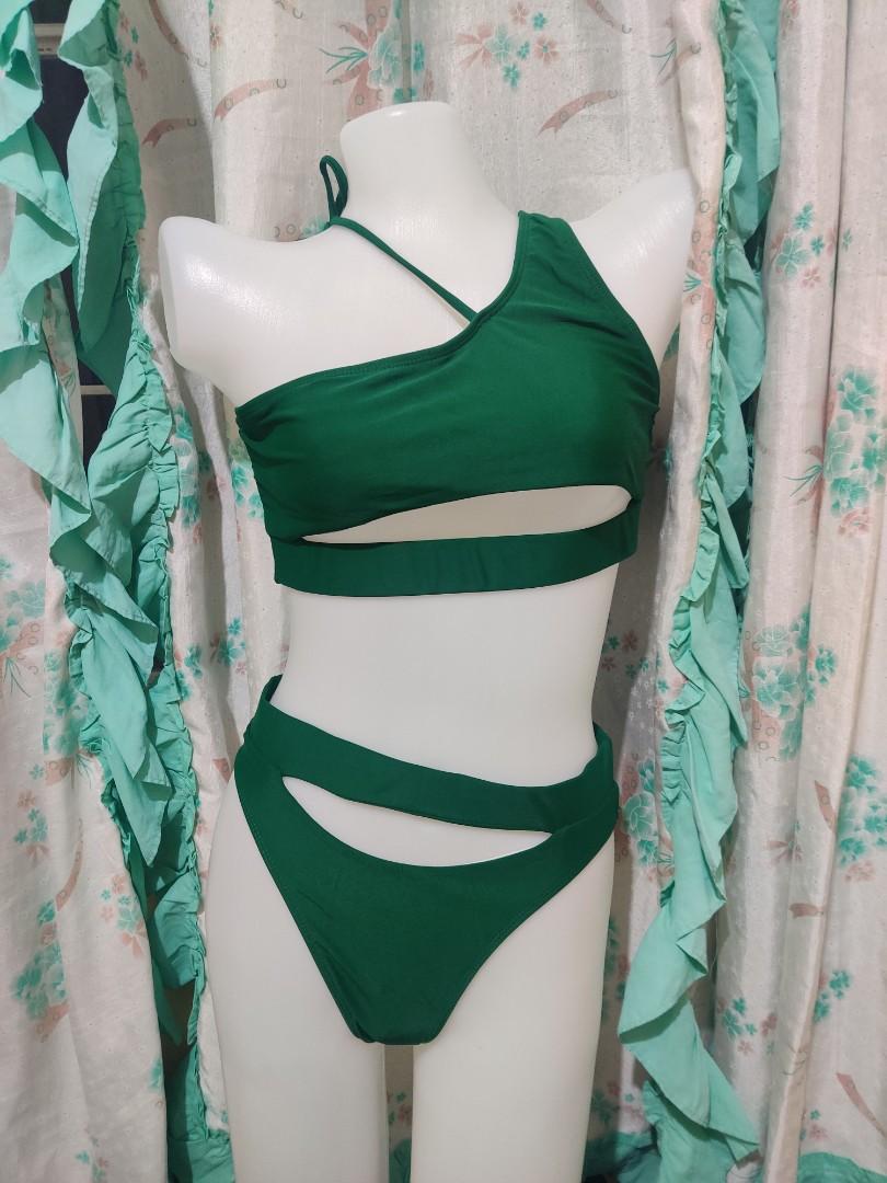 Shein Green Cut Outs One Shoulder Two Piece Bikini Swimsuit, Women's