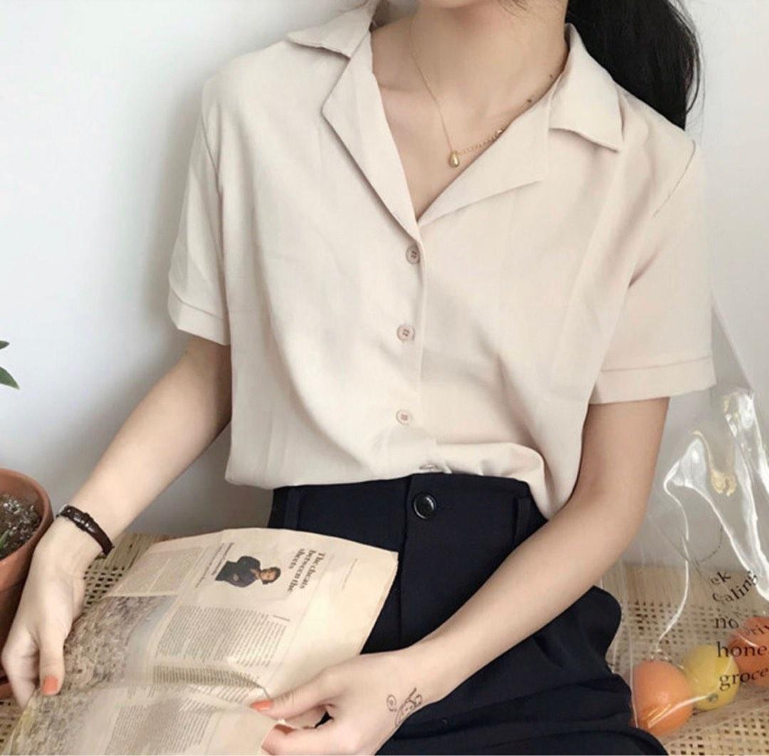 YesStyle almond short sleeved collar plain short sleeved button down polo  blouse beige nude neutral, Women's Fashion, Tops, Blouses on Carousell