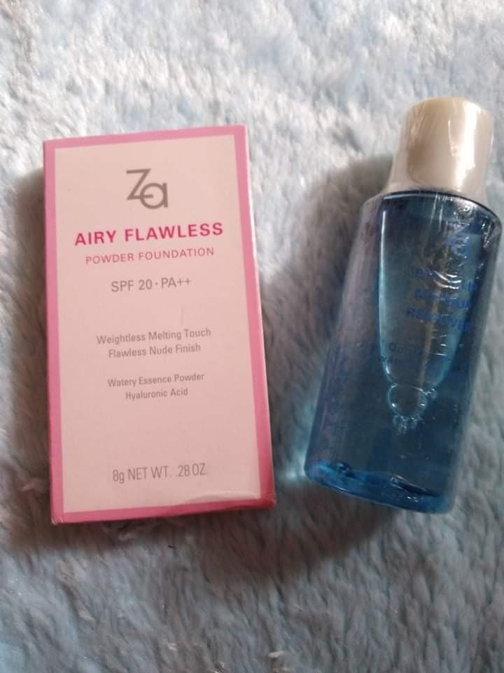 ZA powder foundation and make up remover bundle (Category: Makeup) located in Quezon City. Submitted by glowandshai (Listing ID 1179872820, Image 1). Description: with freebies.