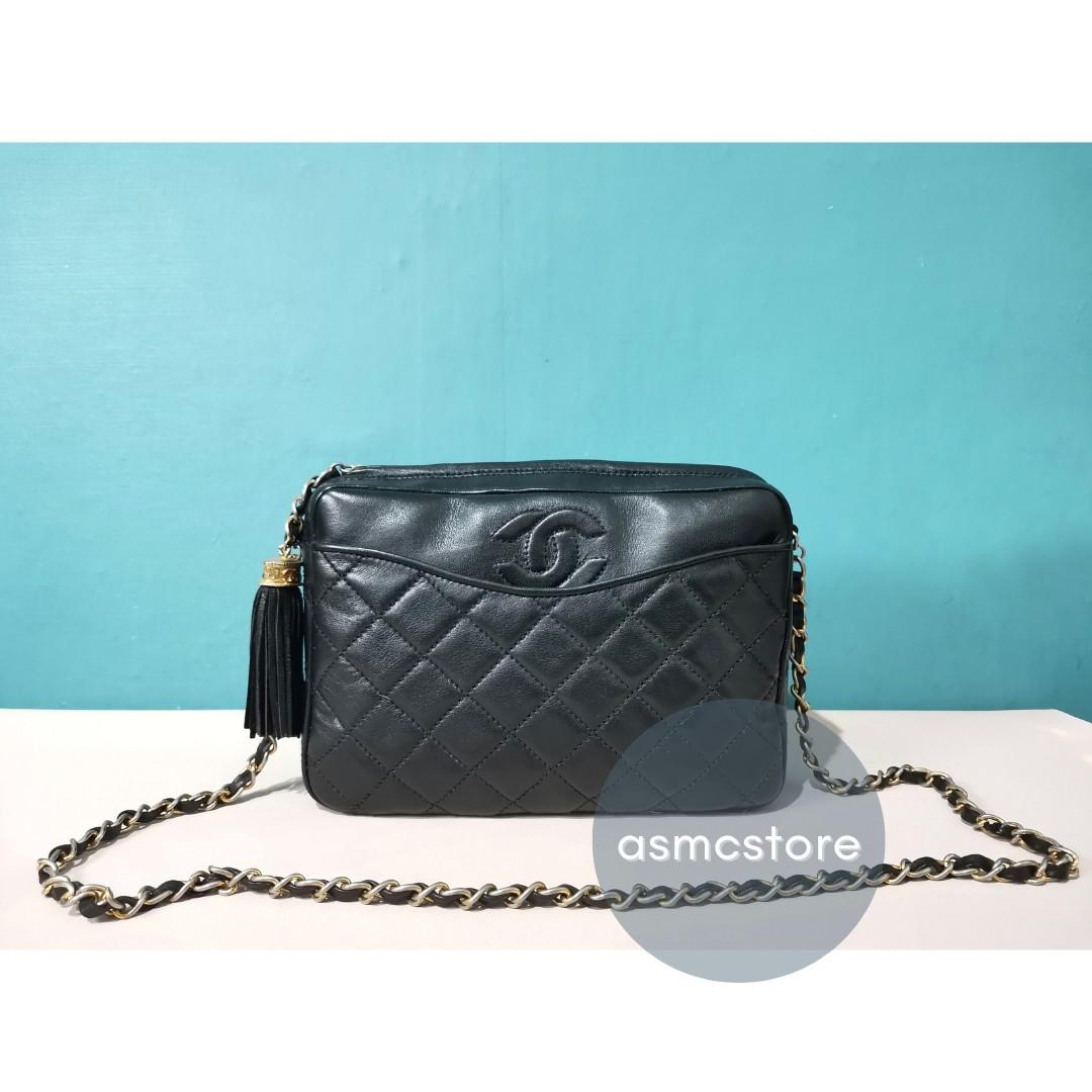 Chanel Vintage Tassels Camera Case With Chain Black Quilted