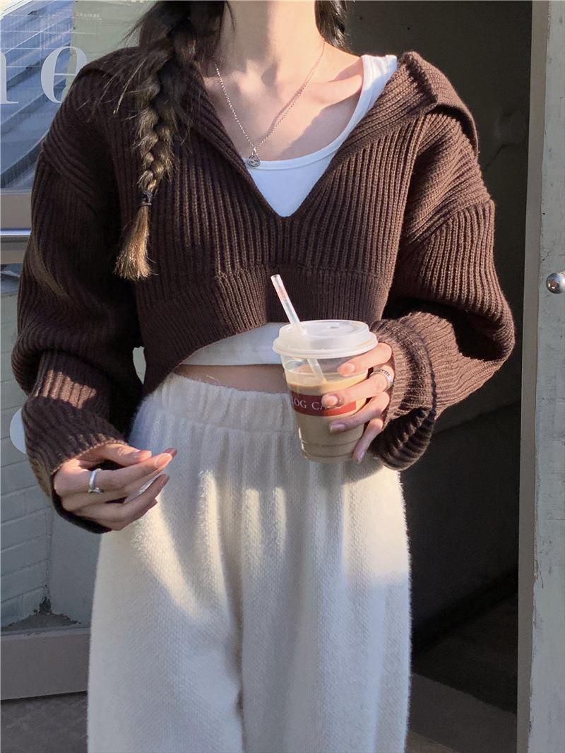 Coffee Color Women s Loose Fit V Neck Long Sleeve Knitted Sweater
