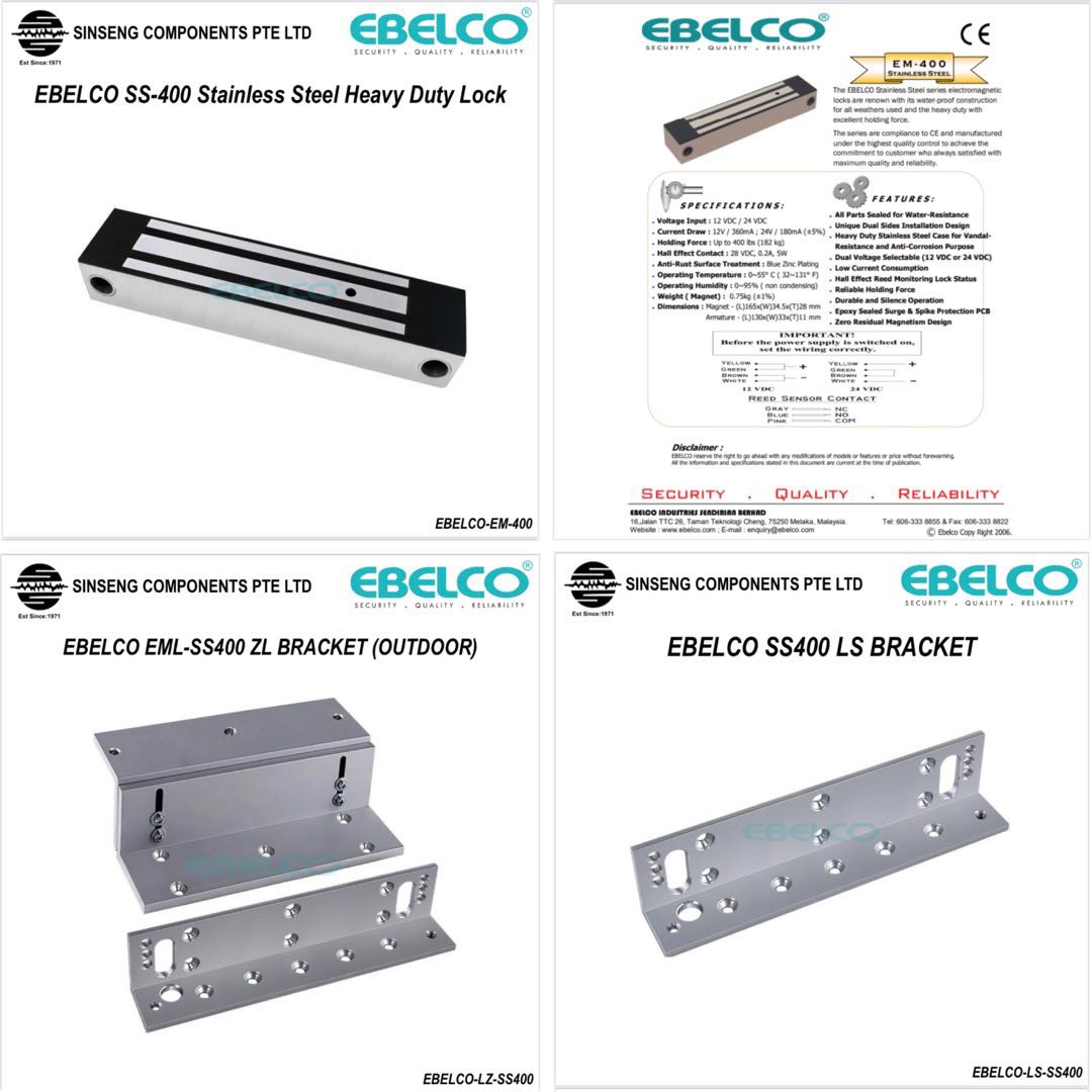 Ebelco 400lbs Outdoor EM Lock •ZL Bracket/LS Bracket (1224V) for Metal Gate (Stainless Steel