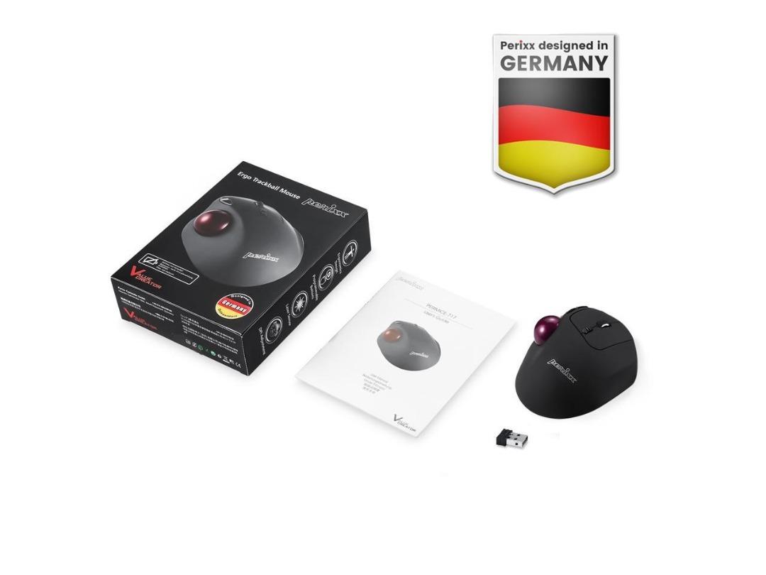 Mouse Trackball Wireless Perixx Perimice-517 - 7 Pulsanti, Nero, Design Ergonomico