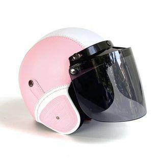 Helm retro full face kulit pink putih