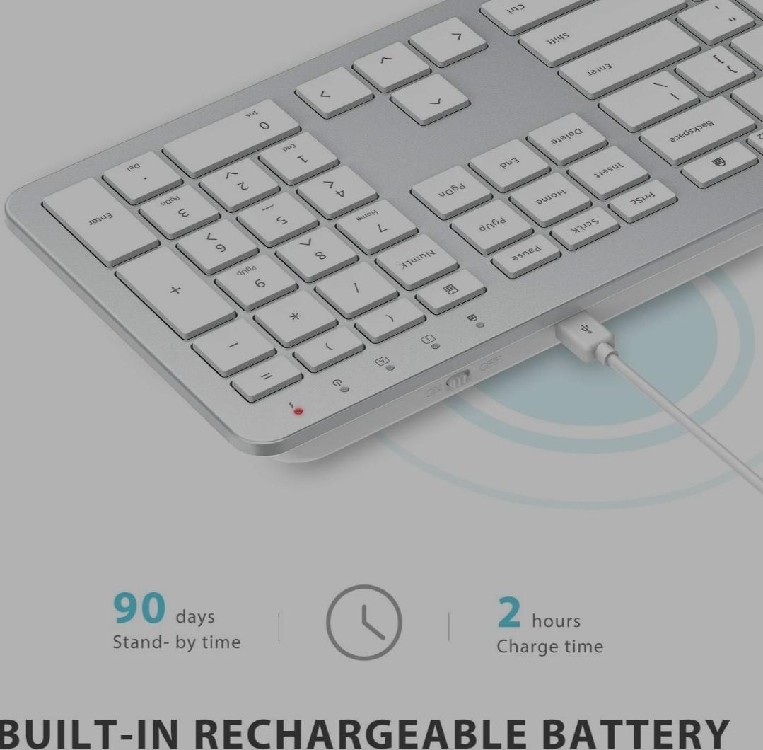 iClever GK08 Wireless Keyboard and Mouse - Rechargeable Keyboard Ergonomic  Quiet Full Size Design with Number Pad, 2.4G Stable Connection Slim White
