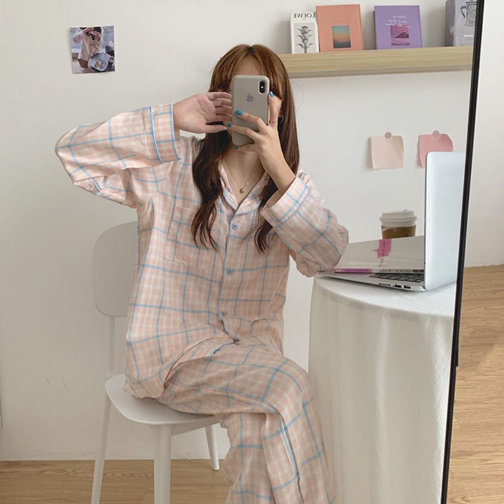 Korean Plaid Long Sleeve Pyjama Pajama Terno Two Piece Set Sleepwear Autumn And Winter Cute Design Comfortable At Home Women s Fashion New Undergarments Loungewear on Carousell
