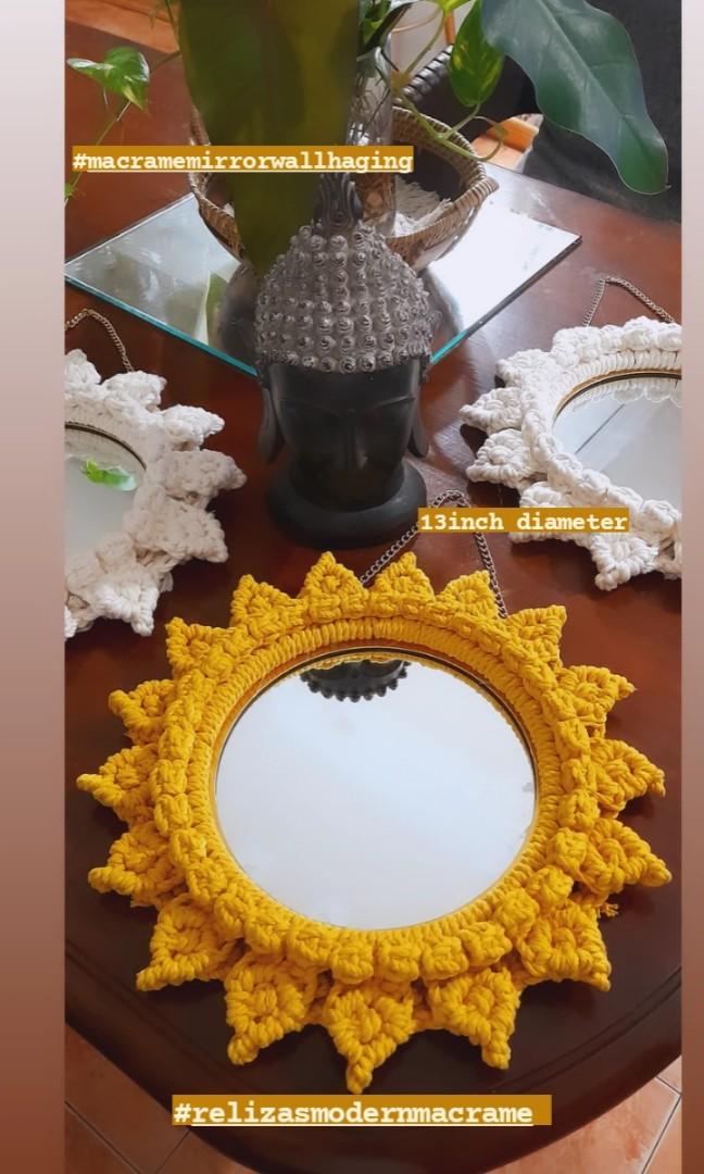 Macrame wall hanging mirror (Category: Mirrors) located in Binan City. Submitted by relizas_modern_macrame (Listing ID 1180233454, Image 1). Description: 13inch diameter php 949 . . 16inch diameter php 1189 . . pm for orders.