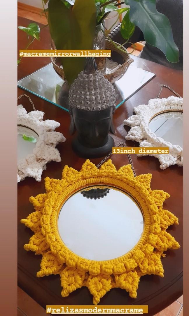 Macrame wall hanging mirror (Category: Mirrors) located in Binan City. Submitted by relizas_modern_macrame (Listing ID 1180233454, Image 2). Description: 13inch diameter php 949 . . 16inch diameter php 1189 . . pm for orders.